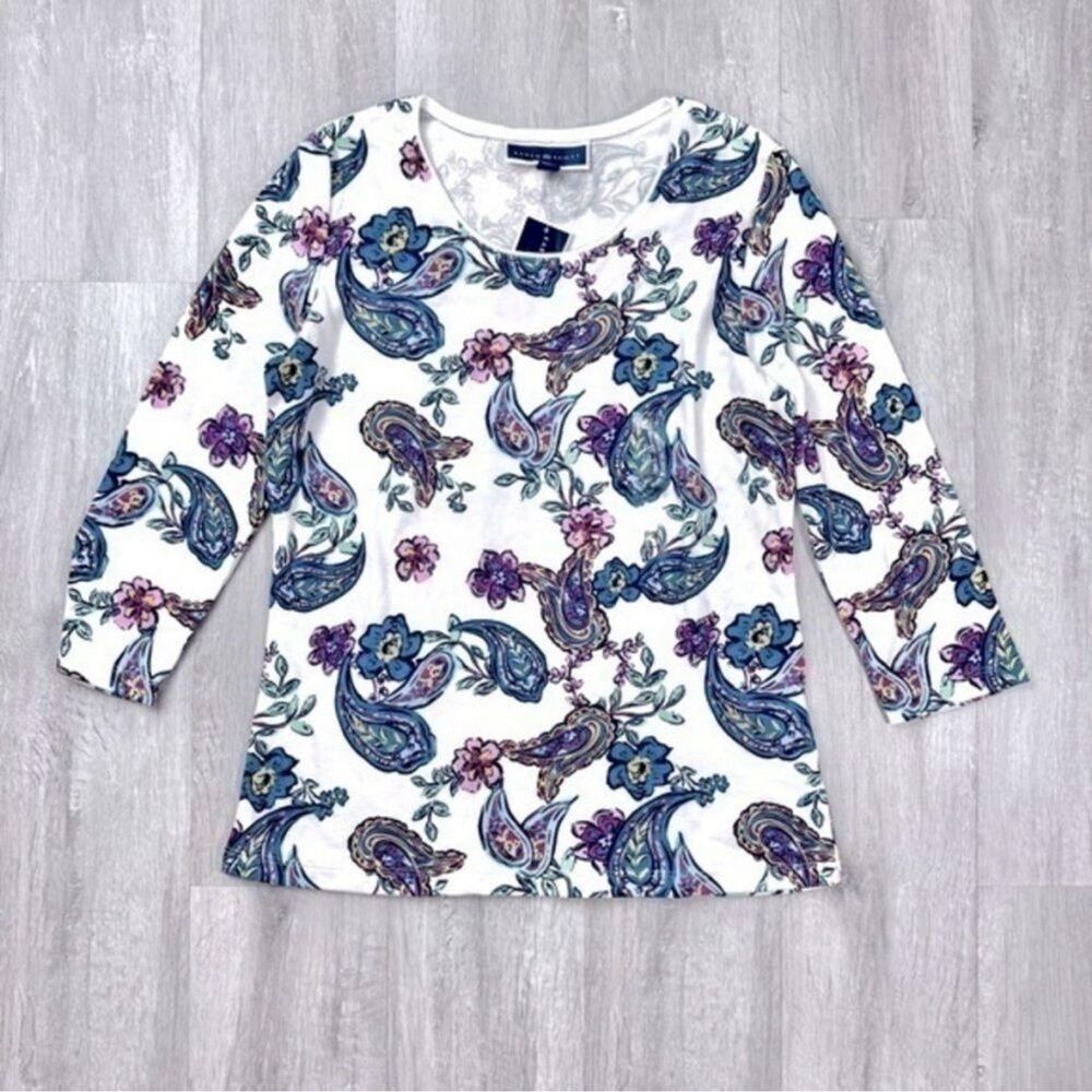 Karen Scott Women's S NWT Petite White Cotton Blend Paisley Print 3/4 Sleeve Top
